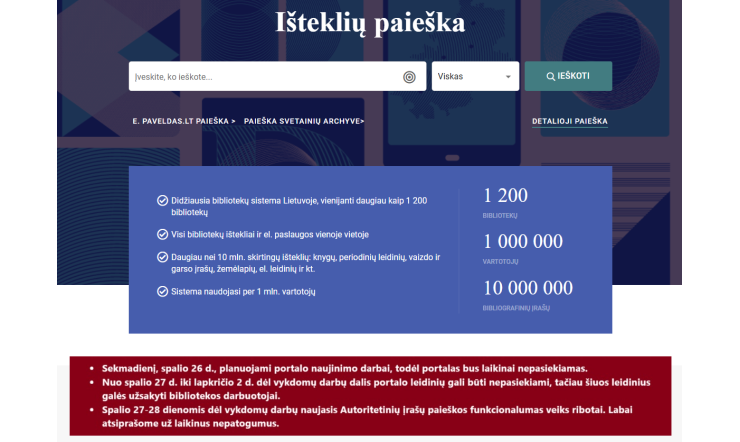 Dėl portalo iBiblioteka.lt atnaujinimo darbų spalio 26–28 d. gali kilti nesklandumų juo naudotis. 